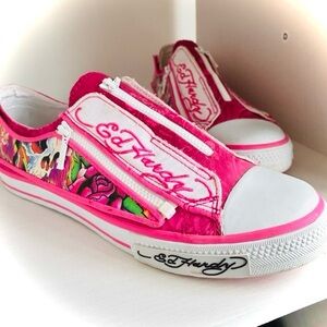 Ed Hardy Pink Floral Zip-Front Kids Slip-On Sneakers